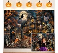 Ptrxobj Halloween Haunted Mansion Backdrop Witch Grim Reaper Skeleton Photography Background with Ghost Pumpkin Graveyard for Horror Party Halloween Photo Booth Props 10X8FT