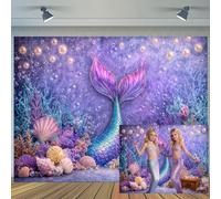 Ptrxobj Under The Sea Mermaid Tail Backdrop, Purple Teal Coral Pearl Bubble Photography Background Ocean Mermaid Birthday Party Baby Shower Wedding Portrait Photo Booth Props 10X8FT