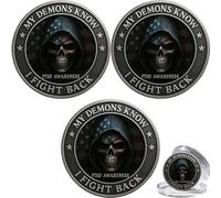 PTSD Awareness Veterans Challenge Coin, My Demons Know I Fight Back Commemorative Coin, Courage Support Military Token, Inspirational Gift for Veterans (3pcs)