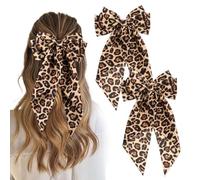 Ptwola 10 Pcs Women Bow Hair Clips Silky Ribbon Satin Barrette with Over Sized Long Tail Soft Large Leopard Bow Barrette Cute Aesthetic Vintage Big Hair Accessories for Girls Ponytail