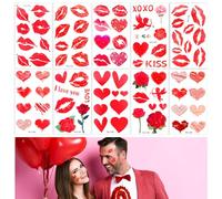 Ptwola 10 Sheets Valentines Day Temporary Sticker Waterproof Red Lip Prints Kiss Face Body Decorations Stickers Rose Angel Arrow Line Hearts Stickers for Women Valentines Decoration