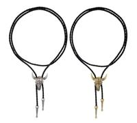 Ptwola 2PCS Bolo Tie Western Cowboy Rodeo Leather Necktie Native American Punk Retro Unisex Necklace Jewelry Bronze Bull Head Halloween Costume Accessories for Men Women