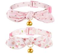 Ptwola 2pcs Breakaway Cat Collar with Bell, Adjustable Cotton Bowtie Kitten Collar Soft Cute Pink Removeable Bow Collar for Girl Pet Cat