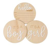 Ptwola 3PCS Newborn Announcement Sign, 5.9in Its a Boy Its a Girl Hello World Wooden Sign Round Gender Reveal Welcome Sign Nursery Birth Baby Name Plaques for Hospital Boys Girls Photo Props Keepsakes