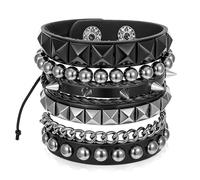 Ptwola 4 Pcs Spiked Cuff Rivet Bracelet Punk Rock Leather Studded Bracelets Wristband Adjustable Wrap Bangle Snap Button Wrist Vintage Chain for Men Women Halloween Party Favors Accessories