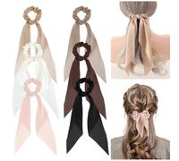 Ptwola 6 Pieces Solid Color Bow Silk Scrunchies Knotted Hair Ties with Bows Satin Long Bow Ribbon Ponytail Holders Elastic Hair Bobbles Accessories for Women Girls Teens Christmas Birthday Gifts