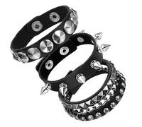 Ptwola Punk Rock Leather Studded Bracelets, Punk Leather Jewelry Bracelets | 3 Pcs, 80s Gothic Spike Cuff Bracelet Set, Retro Adjustable Wrap Wrist Cuffs, for Women Men, Rocker Outfits