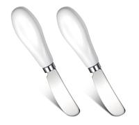 Ptwola Stainless Steel Butter Spreader Knife 2 Pack Cheese Butter Knife Set Porcelain Handle Small Spread knife Comfortable Wide Blade Cream Shaver 5.3 Inch Mini for Kitchen Peanut Dish Curler