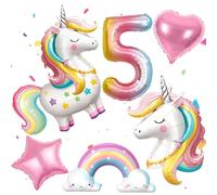 PtyPop Unicorn Birthday Decorations for Girls 3 4 5 6 Years with Foil Unicorn Balloon, Rainbow Heart Foil Balloon, Unicorn Birthday Decorations Kit for Girls (5 Years)