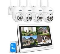 【PTZ+3TB】 Hiseeu 3MP Wireless PTZ Security Camera System 12'' Monitor 8CH NVR CCTV System,4X3MP WiFi ,Color Night Vision,Motion detection,APP Alert, Mobile&PC Remote, White (8WK-12V-4HD203-3T-UK)