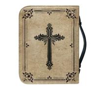 PU Bible Cover with Zipper Closure and Handle Vintage Cross Print Bag | Anti-aging Protection, Zip-around Closure, Suitable for Church and On-the-go Reading, Bible Journaling Notebook Organizer