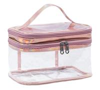PU Cosmetic Bag, Transparent Double Layer Large Square Vertical Makeup Organizer with Soft Handle, Waterproof Travel Pouch for Toiletries