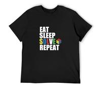 PU KOU Eat Sleep Solve Repeat Cubing Puzzle O-Neck 100% Cotton Short Sleeve Unisex T-Shirt M Black