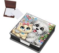 PU Leather 5D Diamond Art Painting Kit Note Box | DIY Memo Pad Holder | Desktop Note Pad Dispenser with Dog and Cat Design | Includes 160 Blank Memo Papers | Home Office Study & Decor Gift