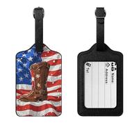 PU Leather American Flag with Cowboy Boots Luggage Tags Waterproof Baggage Id Holders with Privacy Flap Adjustable Strap & Info Card for Suitcases Travel Bags Gym Duffels Golf Bags Work Totes