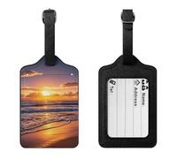 PU Leather Beach Sunset Waves Luggage Tags Waterproof Baggage Id Holders with Privacy Flap Adjustable Strap & Info Card for Suitcases Travel Bags Gym Duffels Golf Bags Work Totes