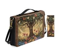 PU Leather Bible Cover Case for Women Ladies Worship Church Bag with Bookmark Floral Holy Tree Cross Bible Covers with Shoulder Strap Book Case Brown