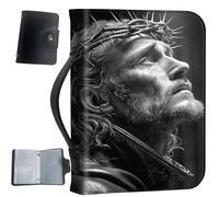 PU Leather Bible Cover with Handle & Pockets, Large Capacity Bible Case, Water-Resistant Scripture Organizer Bag with Bonus Card Holder, Christian Gift for Women & Men, Jesus Christ