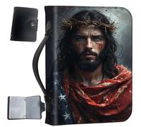 PU Leather Bible Cover with Handle & Pockets, Large Capacity Bible Case, Water-Resistant Scripture Organizer Bag with Bonus Card Holder, Christian Gift for Women & Men, Jesus Portrait
