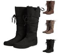 PU Leather Boots Women Men Low Heel Mid Tube Knight Boots Renaissance Medieval Cosplay Boot Mid-Calf Lace-up Cosplay Carnival Party Riding Costume Round Toe High Top Shoes Black