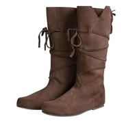 PU Leather Boots Women Men Low Heel Mid Tube Knight Boots Renaissance Medieval Cosplay Boots Riding Costume Boots Calf High for Cosplay Carnival Round Toe Half Boots, brown, 11