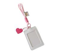 PU Leather Card Holder Korean Heart Charm Visual Two Slots Keychain Wallet with ID Badge Holder for Access Bus Pass Office Card(A)