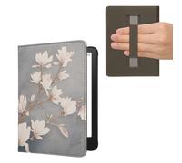 kwmobile Cover for Amazon Kindle Paperwhite (2024)/Colorsoft Case - eReader Cover with hand strap and auto sleep funktion - Magnolias with Taupe/White/Blue Grey