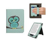kwmobile Case Compatible with Kobo Clara BW/Colour - Case PU Leather Cover with Magnet Closure, Stand, Strap, Card Slot - Sleeping Owl Turquoise/Brown/Mint