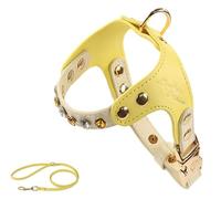 PU leather cat and dog diamond chest and back small dog leash practical dog walking leash when going out(Yellow,M)
