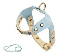 PU leather cat and dog diamond chest and back small dog leash practical dog walking leash when going out(Blue,L)