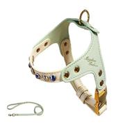 PU leather cat and dog diamond chest and back small dog leash practical dog walking leash when going out(Green,M)