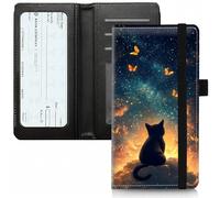 PU Leather Checkbook Cover for Personal & Duplicate Checks, Slim RFID Blocking Checkbook Wallet with Card Slots, Elastic Strap Checkbook Holder Stylish Wallet for Men & Women, Starry Night Cat