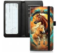 PU Leather Checkbook Cover for Personal & Duplicate Checks, Slim RFID Blocking Checkbook Wallet with Card Slots, Elastic Strap Checkbook Holder Stylish Wallet for Men & Women, Dream Chasing Horse