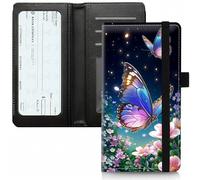 PU Leather Checkbook Cover for Personal & Duplicate Checks, Slim RFID Blocking Checkbook Wallet with Card Slots, Elastic Strap Checkbook Holder Stylish Wallet for Men & Women, Purple Butterfly Flowers
