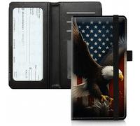 PU Leather Checkbook Cover for Personal & Duplicate Checks, Slim RFID Blocking Checkbook Wallet with Card Slots, Elastic Strap Checkbook Holder Stylish Wallet for Men & Women, Bald Eagle Flag