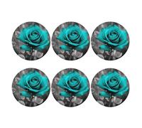 PU Leather Coasters for Drinks Set of 6 - Teal Grey Rose Coaster for Tabletop Protection - Modern Drink Coasters for Coffee Table - Round Shape Coasters for Home Decor 4" Cup Mat Pad