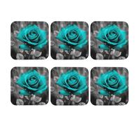 PU Leather Coasters for Drinks Set of 6 - Teal Grey Rose Coaster for Tabletop Protection - Modern Drink Coasters for Coffee Table - Square Coasters for Home Decor 4" Cup Mat Pad
