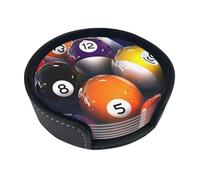 PU Leather Coasters Set of 6 with Holder, Funky Pool Balls Coasters for Drinks, Bar, Coffee, Table, Cups, 4 Inches