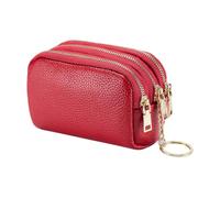 PU Leather Coin Purse 3 Zipper Change Wallet Portable Small Coin Pocket Change Organizer Pouch Credit Card Holder Wallet Mini Money Cash Bag with Key Ring for Women, Red, 13 x 5 x 9 cm