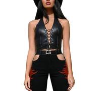 PU Leather Corset Bustier Top For Women Y2K Cropped Tops Gothic Tank Top | Clubwear Deep V-neck Lace Up Halter Neck Tie Backless Crop Top