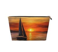Pu Leather Cosmetic Bags Large Capacity Zipper Storage Case Sunrise Sailing Boat Makeup Organizer Pouch Portable Travel Toiletry Bags for Women