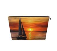 Pu Leather Cosmetic Bags Large Capacity Zipper Storage Case Sunrise Sailing Boat Makeup Organizer Pouch Portable Travel Toiletry Bags for Women