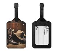 PU Leather Cowboy Black Hat Western Boots Luggage Tags Waterproof Baggage Id Holders with Privacy Flap Adjustable Strap & Info Card for Suitcases Travel Bags Gym Duffels Golf Bags Work Totes