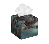 Pu Leather Cube Tissue Box Holders Modern Waterproof Square Tissue Box Cover 3D Wolf Dream Catcher Facial Paper Holder for Bathroom Kitchen Nightstand Office Home Decor