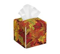 Pu Leather Cube Tissue Box Holders Modern Waterproof Square Tissue Box Cover Autumn Leaves Facial Paper Holder for Bathroom Kitchen Nightstand Office Home Decor