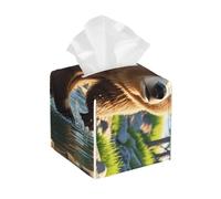 Pu Leather Cube Tissue Box Holders Modern Waterproof Square Tissue Box Cover Bear Crossing The River Facial Paper Holder for Bathroom Kitchen Nightstand Office Home Decor