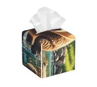 Pu Leather Cube Tissue Box Holders Modern Waterproof Square Tissue Box Cover Bear Crossing The River Cartoon Facial Paper Holder for Bathroom Kitchen Nightstand Office Home Decor