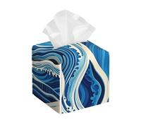 Pu Leather Cube Tissue Box Holders Modern Waterproof Square Tissue Box Cover Blue Wave Painting Facial Paper Holder for Bathroom Kitchen Nightstand Office Home Decor
