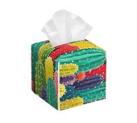 Pu Leather Cube Tissue Box Holders Modern Waterproof Square Tissue Box Cover Colorful Cactus Pattern Facial Paper Holder for Bathroom Kitchen Nightstand Office Home Decor