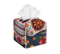 Pu Leather Cube Tissue Box Holders Modern Waterproof Square Tissue Box Cover Colorful Sugar Skull Facial Paper Holder For Bathroom Kitchen Nightstand Office Home Decor